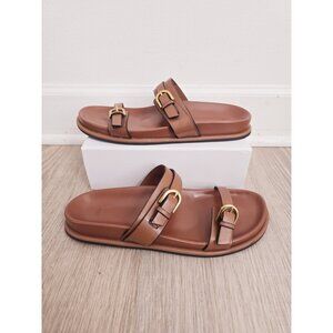 Zara Buckle Slip On Slide Sandals Brown Boho Faux Leather Shoes Womens 41 10